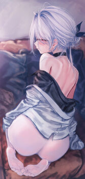 1girl ass bare_back bare_shoulders blush choker commentary_request embarrassed highres loli looking_back no_shoes original pantyhose red_eyes soles wakaba_(945599620) white_hair white_pantyhose