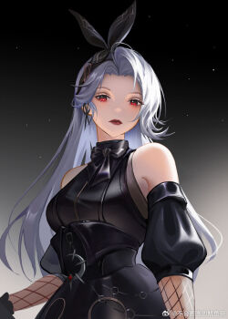1girl aderinna_(infinity_nikki) asymmetrical_bangs bare_shoulders black_arm_warmers black_background black_bow black_bowtie black_corset black_dress black_gloves black_hairband black_sleeves bow bow_hairband bowtie bu_hui_huahua_de_youyu_tiao chinese_commentary closed_mouth commentary_request corset cowboy_shot crescent detached_sleeves dress earrings expressionless eyelashes fishnets frilled_gloves frills gloves gradient_background grey_background grey_hair hairband halter_dress halterneck holding infinity_nikki jewelry light_particles lipstick long_hair looking_at_viewer makeup nikki_(series) puffy_short_sleeves puffy_sleeves red_eyes red_lips scissors short_sleeves simple_background solo turtleneck turtleneck_dress two-tone_background very_long_hair watermark weibo_watermark