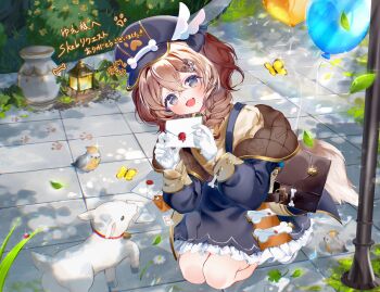 1girl absurdres animal baby_animal bag balloon bird black_dress black_hat braid brown_hair bush commission dress dress_over_shirt frilled_dress frills gloves grey_eyes hat hibari_yuu highres holding holding_letter lamb leash letter long_hair long_sleeves off_shoulder open_mouth original outdoors sheep shirt shoulder_bag single_braid skeb_commission smile solo tile_floor tiles vase white_gloves yellow_shirt