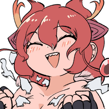 1girl animal_ears blush breasts cleavage dragon_girl dragon_horns extra_ears fingerless_gloves gloves hair_ornament horns kemono_friends large_breasts long_hair looking_at_viewer mcgunngu nude red_dragon_(kemono_friends) red_hair simple_background solo upper_body