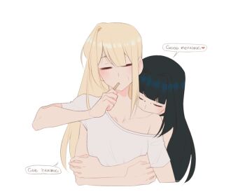 2girls astra_yao black_hair blonde_hair brushing_teeth closed_mouth commentary english_commentary english_text evelyn_chevalier hug hug_from_behind long_hair morning multiple_girls rune_(misiru) shirt simple_background single_off_shoulder speech_bubble white_background white_shirt yuri zenless_zone_zero