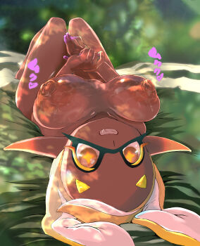 1girl absurdres after_breast_sucking blonde_hair breasts brown_eyes cleavage colored_extremities commentary_request completely_nude cross-shaped_pupils dark-skinned_female dark_skin fang frye_(splatoon) hideyoshi_(swliyhbpe9xqqze) highres inkling knees_up large_areolae large_breasts legs_together long_pointy_ears looking_at_viewer lying nintendo nipples nude on_back parted_lips pointy_ears puffy_nipples saliva short_eyebrows solo splatoon_(series) splatoon_3 symbol-shaped_pupils teeth tentacle_hair thick_eyebrows thighs yellow_pupils