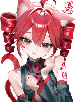 1girl :3 ahoge animal_ears arm_tattoo arms_up bare_shoulders black_shirt cat_ears cat_tail closed_mouth collared_shirt commentary commentary_request detached_sleeves drill_hair highres kasane_teto kasane_teto_(utau) looking_at_viewer multicolored_shirt number_tattoo paw_print paw_tattoo portrait ravukurahuto_2d red_eyes red_hair red_tail shirt signature simple_background smile solo symbol-only_commentary tail tattoo text_tattoo twin_drills utau white_background