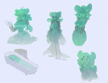 1girl animal_ears bathtub blush breasts chest_of_drawers claw_foot_bathtub colored_skin commentary drawer full_body green_skin hands_on_own_crotch kneeling large_breasts medium_hair monster_girl mouse_ears mouse_girl multiple_views no_nipples nude original russian_commentary sanyadraws simple_background slime_(substance) slime_girl standing tongue tongue_out upper_body white_background