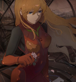 1girl blue_eyes bodysuit breasts closed_mouth commentary_request cowboy_shot floating_hair flower hair_between_eyes highres holding holding_flower long_hair mecha_pilot_suit medium_breasts multicolored_bodysuit neon_genesis_evangelion orange_hair plugsuit_(evangelion) red_bodysuit scenery skin_tight solo souryuu_asuka_langley standing yi_ren_fen_mu