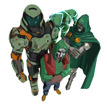 2gbram 4boys armor assault_visor cape color_connection commentary crossover dark-skinned_male dark_skin dc_comics doctor_doom doom_(2016) doom_(series) doomguy doomsday_(dc) eyes_in_shadow fantastic_four full_armor giant gloves glowing glowing_eyes green_armor green_cape green_hood green_hoodie green_jacket grey_mask helmet highres hood hood_up hooded_cape hoodie jacket looking_at_viewer male_focus marvel mask metal_gloves mf_doom mf_doom_(person) monster multiple_boys multiple_crossover muscular muscular_male power_armor praetor_suit real_life red_eyes scowl space_marine spandex symbol-only_commentary