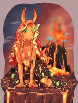 1girl absurdres all_fours antennae breasts cleavage cloud commentary_request crystal_eye detached_hood diorama eruption fire gem green_eyes green_gem highres humanization kneeling large_breasts lava lava_hair looking_at_viewer monster_girl mountain navel no_humans nude one_eye_covered open_mouth original red_hair red_hood sea_slug_ears sea_slug_girl sky slug_girl solo utoto1313 volcano