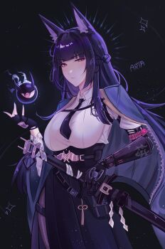 1girl a_r_i_a absurdres animal_ears aqua_jacket arm_out_of_sleeve black_gloves black_hair black_necktie black_skirt braid breasts bright_pupils closed_mouth collared_shirt commentary cowboy_shot fingerless_gloves fox_ears fox_girl gloves half_up_braid hand_up highres holding holding_sword holding_weapon hoshimi_miyabi jacket jacket_on_shoulders large_breasts long_hair long_skirt looking_at_viewer necktie open_clothes open_jacket prosthesis prosthetic_arm red_eyes scabbard sheath sheathed shide shirt side_slit signature single_fingerless_glove skirt sword underbust very_long_hair weapon white_pupils white_shirt zenless_zone_zero