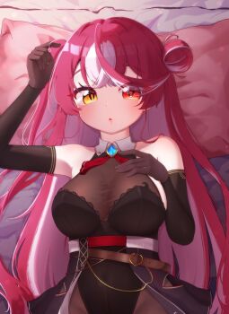 Rule 34 | 1girl, absurdres, asymmetrical hair, bare shoulders, belt, black gloves, black leotard, black skirt, blue gem, blush, bodystocking, breasts, brooch, colored inner hair, commentary, covered groin, covered navel, ddorong, elbow gloves, gem, gloves, grey hair, grey streaks, hair bun, hand on own chest, hands up, heterochromia, high belt, highleg, highleg leotard, highres, hololive, houshou marine, houshou marine (marching band), jewelry, lace-trimmed leotard, lace trim, large breasts, leotard, long hair, looking at viewer, lying, multicolored hair, no headwear, no jacket, official alternate costume, official alternate hair length, official alternate hairstyle, on back, one side up, pleated skirt, red eyes, red hair, see-through bodystocking, see-through cleavage, see-through clothes, showgirl skirt, side up bun, single side bun, skirt, solo, strapless, strapless leotard, twirling hair, underbust, untranslatable commentary, upper body, very long hair, virtual youtuber, wavy hair, yellow eyes