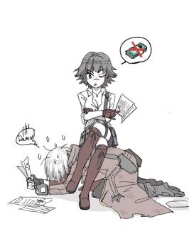 1boy 1girl banknote black_gloves black_hair coat crossed_legs dante_(devil_may_cry) devil_may_cry_(series) fingerless_gloves gloves highres jumpoon lady_(devil_may_cry) midriff_peek money one_eye_closed red_coat scar scar_on_face scar_on_nose shirt simple_background sitting sitting_on_person sweatdrop white_background white_hair white_shirt