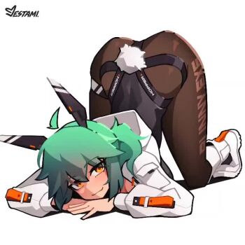 1girl :3 :p ;p ahoge animated aria_(jestami) arm_support ass black_leotard blunt_sidelocks boots breasts brown_pantyhose crossed_bangs detached_ahoge full_body green_hair head_rest highleg highleg_leotard hood hood_down huge_ass jestami leotard long_sleeves looking_at_viewer mechanical_ears medium_hair meme one_eye_closed orange_eyes original pantyhose ponytail rabbit_tail shrug_(clothing) sidelocks simple_background smile solo sound tagme tail thick_thighs thigh_strap thighs tongue tongue_out top-down_bottom-up tsurime unkempt video waving white_background white_boots white_shrug white_tail