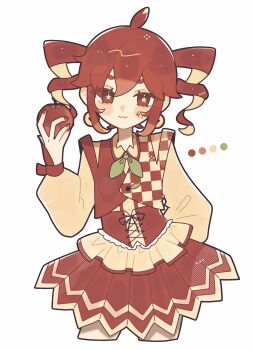 1girl :3 absurdres ahoge blush_stickers borrowed_design closed_mouth color_guide commentary_request cropped_legs double-parted_bangs drill_hair food fruit green_neckerchief highres holding holding_food holding_fruit kasane_teto long_sleeves looking_at_viewer neckerchief okayu_(cwtv7823) pleated_skirt red_hair red_skirt red_vest shirt short_hair sidelocks simple_background skirt smile solo star-shaped_pupils star_(symbol) symbol-shaped_pupils thick_eyebrows twin_drills utau vest white_background yellow_shirt