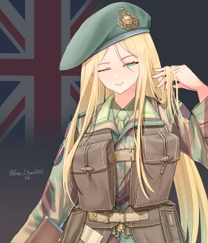 1girl absurdres ammunition_pouch artist_name belt beret blonde_hair brown_vest camouflage camouflage_jacket closed_mouth commentary flag_background green_belt green_eyes green_hat green_necktie green_shirt gun hand_in_own_hair hat hat_ornament highres holding holding_gun holding_weapon jacket leochan1202 long_hair long_sleeves looking_at_viewer military military_uniform necktie one_eye_closed original patch pouch shirt shoulder_patch smile solo squinting union_jack unit_patch upper_body vest weapon world_war_ii
