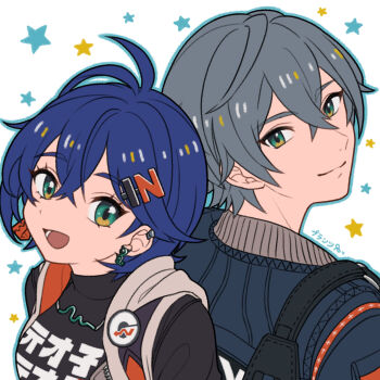 Rule 34 | 1boy, 1girl, 72kuri, :d, antenna hair, back-to-back, belle (zenless zone zero), black sweater, blue eyes, blue jacket, brother and sister, closed mouth, commentary request, grey hair, hair ornament, highres, jacket, looking at viewer, lower teeth only, open mouth, siblings, smile, sweater, teeth, tongue, wise (zenless zone zero), zenless zone zero