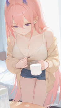 1girl bow_camisole breasts camisole cardigan chinese_commentary cleavage commentary cup demon_horns denim denim_shorts drink_carton food_on_body food_on_breasts highres holding holding_cup horns indoors large_breasts long_hair looking_down mcg6 milk milk_carton mole mole_on_breast mole_on_thigh mole_under_eye orange_hair original sexually_suggestive short_shorts shorts signature solo straight_hair thighs very_long_hair white_camisole yellow_cardigan