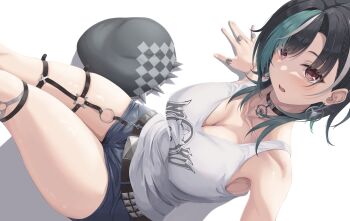 1girl absurdres bankerou black_choker black_hair blue_shorts breasts choker cleavage earrings green_hair highres hololive hololive_dev_is jewelry large_breasts looking_at_viewer medium_hair multicolored_hair o-ring o-ring_thigh_strap red_eyes rindo_chihaya rindo_chihaya_(1st_costume) shirt shorts solo streaked_hair thigh_strap unworn_headwear virtual_youtuber white_shirt white_streaks