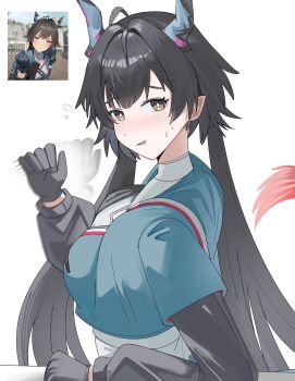Rule 34 | 1girl, absurdres, arknights, arknights: endfield, black gloves, black hair, blue capelet, blush, bright pupils, capelet, chen qianyu (arknights), diamond-shaped pupils, diamond (shape), dragon girl, dragon horns, eastern dragon horns, from side, game screenshot inset, gloves, grey eyes, handjob gesture, highres, horns, licking lips, long hair, long sleeves, looking at viewer, looking to the side, multiple views, reference inset, screenshot inset, simple background, spam (spamham4506), symbol-shaped pupils, tongue, tongue out, twintails, white background, white pupils