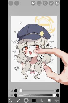 1girl 1other @_@ aoba_(blue_archive) bare_shoulders black_hat blue_archive blush bow brown_hair cheek_poking flying_sweatdrops halo hat highres long_hair looking_at_viewer open_mouth pink_bow poking pov pov_hands red_eyes user_interface yellow_halo yungun_(dbsrjsdn0330)