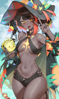 Rule 34 | 1girl, absurdres, ayla (trickcal), black hair, black hat, black shirt, black shorts, breasts, commentary, dark-skinned female, dark skin, drinking straw, hat, highres, jin rou, light blush, medium breasts, micro shorts, narrow waist, navel, open clothes, open mouth, open shirt, orange eyes, ribs, shirt, shorts, sling bikini top, smile, solo, stomach, trickcal, v, very dark skin