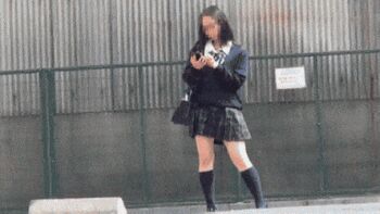 1boy 1girl animated animated_gif asian bag black_hair black_jacket black_socks blazer censored censored_identity clothes_pull clueless female_pubic_hair jacket japanese_(nationality) jav lowres model_request navel no_panties phone prank pubic_hair pussy real_life school_bag school_uniform short_hair skirt skirt_pull skirt_tug socks standing thighs unworn_skirt voyeurism