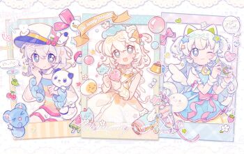 3girls :d ;3 animal_ears blonde_hair blue_dress blue_eyes blush blush_stickers cat_ears character_request closed_mouth collared_shirt commentary cowboy_shot double-parted_bangs dress fanqiealxe grey_hair hair_between_eyes hat highres long_hair looking_at_viewer multiple_girls nintendo one_eye_closed open_mouth original pokemon pokemon_(creature) shirt short_hair short_sleeves shorts smile star-shaped_pupils star_(symbol) striped_clothes striped_shirt symbol-only_commentary symbol-shaped_pupils two_side_up watermark white_hair white_hat white_shirt white_shorts