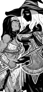 Rule 34 | 2girls, axe, battle axe, black hair, breasts, dark-skinned female, dark skin, elden ring, elden ring nightreign, greyscale, hat, highres, holding, holding axe, holding weapon, ireading, large breasts, monochrome, multiple girls, nepheli loux, recluse (elden ring), very dark skin, weapon, white hair, witch, witch hat