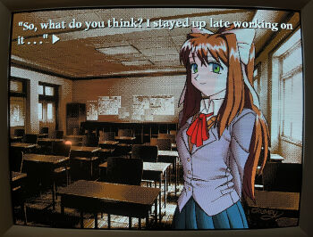 1girl absurdres arm_behind_back blue_skirt bow brown_hair ceiling chair chronocrump classroom closed_mouth collar crt desk doki_doki_literature_club doki_doki_literature_club_school_uniform door english_text feet_out_of_frame formal_clothes green_eyes hair_bow hair_ribbon high_collar highres indoors long_hair monika_(doki_doki_literature_club) pixel_art purple_suit red_ribbon ribbon school_desk school_uniform screen sepia sidelocks skirt smile solo standing suit talking tile_ceiling tiles white_bow white_collar white_ribbon window