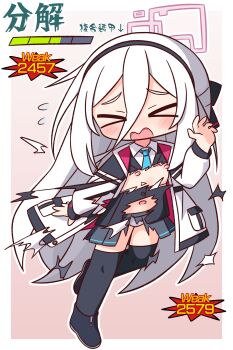 >_< 1girl absurdres black_hairband black_shoes black_skirt blue_archive blush border closed_eyes coat collared_shirt commentary_request double-parted_bangs flying_sweatdrops full_body gradient_background hair_between_eyes hairband halo hana_kazari hand_up health_bar highres kei_(blue_archive) kei_(new_body)_(blue_archive) loli long_hair long_hair_between_eyes long_sleeves navel nipples open_clothes open_coat open_mouth outline outside_border panties pink_background pink_halo pleated_skirt rectangular_halo shirt shoes skirt solo standing standing_on_one_leg thighhighs torn_clothes underwear white_border white_coat white_hair white_outline white_panties white_shirt white_thighhighs