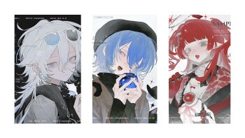 Rule 34 | 1boy, 2girls, absurdres, apple, beret, blue apple, blue eyes, blue hair, blunt bangs, blush, commission, expressionless, eyewear on head, food, fruit, gloves, green eyes, hair between eyes, halo, hat, highres, holding, holding food, holding fruit, holding knife, imminent bite, izumi 087, knife, long sleeves, looking at viewer, looking to the side, medium hair, mihuashi commission, multicolored hair, multiple girls, open mouth, original, pointy ears, red gloves, red hair, sample watermark, shell, sidelocks, streaked hair, sunglasses, teeth, tongue, tongue out, two side up, upper body, watermark, white hair, white halo