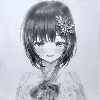 1girl arkre_(samongsamong2) blush clothing_cutout commentary_request floral_print floral_print_kimono graphite_(medium) greyscale hair_ornament heart highres japanese_clothes kanzashi kimono korean_commentary looking_at_viewer monochrome open_mouth parted_bangs print_kimono shirayuki_hina short_hair shoulder_cutout smile solo stellive straight-on traditional_media upper_body virtual_youtuber wispy_bangs