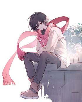 1girl bang_dream! bang_dream!_it's_mygo!!!!! brown_eyes brown_shoes grey_hair grey_pants hibioes highres open_mouth pants red_scarf scarf shoes short_hair simple_background solo takamatsu_tomori white_background