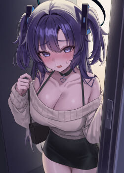 1girl absurdres alternate_costume bag black_choker black_skirt blue_archive blue_eyes blue_hair blue_halo blush breasts choker cleavage collarbone commentary_request hair_between_eyes hair_intakes hair_ornament halo handbag heart heart_choker highres large_breasts long_hair long_sleeves looking_at_viewer off-shoulder_sweater off_shoulder open_mouth pencil_skirt puffy_long_sleeves puffy_sleeves rianya07 skirt solo sweat sweater thighs triangle_hair_ornament two_side_up white_sweater yuuka_(blue_archive)