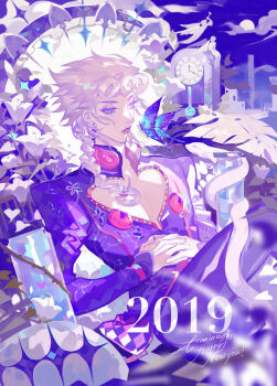 1boy 2019 absurdres analog_clock angel angel_wings aranloce arrow_(jojo) bug butterfly clock commentary earrings flower giorno_giovanna happy_new_year highres horns insect jewelry jojo_no_kimyou_na_bouken ladybug_ornament long_hair new_year signature snake vento_aureo victory_rolls wings