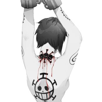 1girl arm_tattoo arms_up back back_tattoo black_hair blackbeard_pirates_jolly_roger blood blood_on_neck breasts chain commentary_request cuffs defeat genderswap genderswap_(mtf) heart_pirates_jolly_roger highres injury k84612 medium_breasts monochrome neck_tattoo nude one_piece prisoner short_hair shoulder_tattoo tattoo trafalgar_law