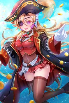 1girl ascot bicorne black_coat blonde_hair breasts choker coat coin cosplay cropped_jacket eyepatch frilled_choker frills hat highres hololive houshou_marine houshou_marine_(1st_costume) houshou_marine_(cosplay) jacket kiwakiwa leather_belt leotard leotard_under_clothes long_hair marty_(mega_man) mega_man_(series) mega_man_x_(manga) mega_man_x_(series) miniskirt one_eye_covered pirate pirate_hat pleated_skirt purple_eyes red_ascot red_jacket red_skirt revision see-through_clothes see-through_leotard skirt solo virtual_youtuber