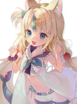 Rule 34 | 1girl, :d, absurdres, ahoge, animal ear fluff, animal ears, bikini, bikini under clothes, blonde hair, blue bikini, blue eyes, blue nails, blue sailor collar, blue scrunchie, blue streaks, blunt bangs, claw pose, collarbone, commentary, dress, english commentary, fins, fish girl, fish tail, frilled bikini, frilled sailor collar, frills, highres, indie virtual youtuber, lifebuoy hair ornament, light blush, long hair, low twintails, midriff, multicolored hair, nail polish, navel, one side up, open clothes, open dress, open mouth, r0muru, sailor collar, sailor dress, sameko saba, scrunchie, shorts, side-tie bikini bottom, simple background, smile, solo, streaked hair, striped bikini, striped clothes, swimsuit, tail, twintails, very long hair, virtual youtuber, white background, white dress, wrist scrunchie