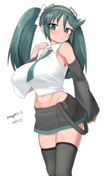 1girl absurdres black_skirt black_thighhighs breasts collared_shirt cosplay dated dress_shirt feet_out_of_frame green_eyes green_hair green_necktie hatsune_miku hatsune_miku_(cosplay) headgear highres isuzu_(kancolle) kantai_collection large_breasts maru_(marg0613) miniskirt necktie one-hour_drawing_challenge pleated_skirt shirt skirt sleeveless sleeveless_shirt solo thighhighs twintails twitter_username vocaloid white_shirt