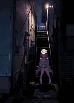 1girl absurdres alley building camisole closed_mouth colored_eyelashes commentary_request denim denim_shorts flipped_hair gakuen_idolmaster grey_hair grey_robe hair_ornament hairclip hand_up highres idolmaster long_hair on_stairs open_clothes open_robe orange_eyes orange_ribbon outdoors parallel_hairclips parted_bangs pointing ribbon robe shinosawa_hiro shoes shorts sitting smile solo stairs toribukuro2000 wall_lamp white_camisole white_shoes