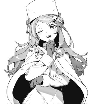 Rule 34 | 1girl, anastasia hoshin, black gloves, bow, cape, dress, fur hat, fur trim, gloves, greyscale, hair ornament, hand on own chin, hat, hat bow, head tilt, highres, kkoo7, light smile, long hair, long sleeves, looking at viewer, monochrome, one eye closed, open mouth, pencil dress, re:zero kara hajimeru isekai seikatsu, simple background, smile, solo, star (symbol), star hair ornament, swept bangs, teeth, upper teeth only, ushanka, very long hair, white background, white cape, white dress