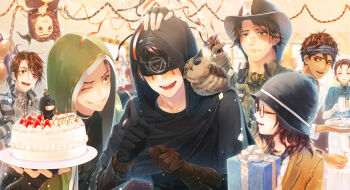 Rule 34 | 3girls, 6+boys, :d, ahoge, ascot, asymmetrical gloves, balloon, bandaged arm, bandaged hand, bandages, bird, birthday cake, black gloves, black hair, black shirt, blindfold, blue capelet, blue headband, bridge piercing, brown gloves, brown hair, bruise, bruised eye, cake, capelet, cloche hat, closed eyes, commentary request, confetti, dark-skinned male, dark skin, dated, edgar valden, eli clark, emily dyer, face piercing, facial mark, fiona gilman, food, frown, ganji gupta, gift, glasses, gloves, goat horns, green ascot, grin, happy birthday, hat, headband, helena adams, highres, holding, holding gift, hood, hood up, horns, identity v, injury, jacket, luca balsa, male focus, mismatched gloves, multiple boys, multiple girls, naib subedar, norton campbell, open mouth, owl, piercing, purple hair, red hair, scar, scar across eye, scar on face, shiroma kira, shirt, signature, smile, stitched mouth, stitches, striped blush, striped clothes, striped shirt, upside-down, yellow jacket