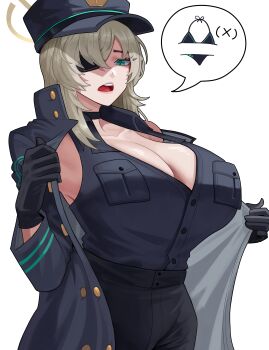 1girl absurdres arapanchi black_choker black_gloves black_pants blonde_hair blue_archive blue_hat blue_jacket blue_shirt breast_pocket breasts buttons choker cleavage collarbone commentary eyepatch gloves green_eyes halo hat highres jacket large_breasts long_sleeves looking_down medium_hair one_eye_covered open_clothes open_jacket open_mouth opened_by_self pants parted_bangs pocket shaded_face shirt simple_background sleeveless sleeveless_shirt solo speech_bubble spoken_clothes suou_(blue_archive) teeth tongue upper_teeth_only white_background x_(symbol) yellow_halo