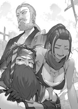 1girl 2boys alt_text armor astraea_record bara_(danmachi) bare_shoulders beard bikini breasts cleavage closed_eyes closed_mouth commentary_request crossed_arms dain_(danmachi) dark-skinned_female dark_skin dungeon_ni_deai_wo_motomeru_no_wa_machigatteiru_darou_ka dwarf facial_hair forehead full_beard gloves greyscale hand_on_another&#039;s_head highres kakage large_breasts long_beard long_hair low_ponytail monochrome multiple_boys noir_sachsen novel_illustration official_art open_mouth pauldrons ponytail scar second-party_source shoulder_armor single_pauldron swimsuit