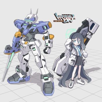 1girl absurdly_long_hair absurdres aris_(blue_archive) black_hair black_skirt blue_archive blue_eyes blue_necktie collared_shirt crossover green_halo halo highres jacket ketsu_juuji_killer_(kejuki) long_hair long_sleeves necktie pleated_skirt shirt skirt solo temjin two-sided_fabric two-sided_jacket very_long_hair virtual_on white_jacket white_shirt