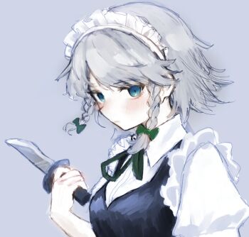 1girl blue_background blue_eyes blue_vest blush braid closed_mouth collared_shirt expressionless from_side grey_hair hair_ribbon holding holding_knife izayoi_sakuya knife maid maid_headdress medium_hair natucurage ribbon shirt short_sleeves solo touhou twin_braids upper_body vest white_shirt