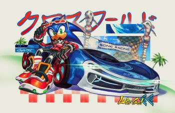 Rule 34 | 1boy, absurdres, adjusting eyewear, black gloves, black pants, blue fur, body fur, boots, car, english text, full body, gloves, green eyes, highres, jacket, kornart, leaning back, male focus, motor vehicle, pants, red-tinted eyewear, red boots, red jacket, smirk, solo, sonic (series), sonic the hedgehog, sunglasses, tinted eyewear