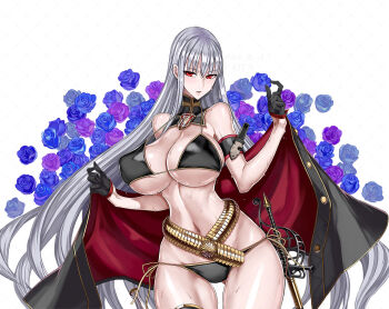 1girl adapted_costume arm_strap belt bikini black_bikini black_gloves black_jacket blue_flower blue_rose breasts cleavage commentary covered_erect_nipples cowboy_shot dagger detached_collar expressionless flower gloves gluteal_fold gold_belt gold_trim grey_hair half_gloves honjou_raita jacket knife large_breasts long_hair looking_at_viewer narrow_waist navel off_shoulder open_clothes open_jacket parted_lips purple_flower purple_rose rapier red_eyes rose selvaria_bles senjou_no_valkyria senjou_no_valkyria_(series) senjou_no_valkyria_1 side-tie_bikini_bottom simple_background solo standing straight_hair strap_gap string_bikini sweat swimsuit sword two-sided_fabric two-sided_jacket very_long_hair weapon white_background