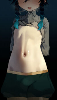 1boy arms_behind_back ascot black_hair blue_hair blush braid breath clothes_lift commentary english_commentary genshin_impact gradient_hair green_shorts grey_ascot grey_shirt highres kani_fish long_sleeves lower_teeth_only multicolored_hair navel open_mouth shirt shirt_lift short_hair_with_long_locks shorts simple_background smile solo stomach stomach_focus teeth trap twin_braids venti_(genshin_impact)