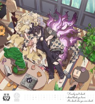 1boy 2girls absurdres animal_ears arknights black_hair blonde_hair closed_eyes closed_mouth dugen english_text family family_bonding father_and_daughter fox_boy fox_ears fox_girl fox_tail hashtag-only_commentary heixiu highres husband_and_wife kitsune kyuubi luo_xiaohei_zhanji mother_and_daughter multicolored_hair multiple_girls multiple_tails pink_hair streaked_hair suzuran&#039;s_father_(arknights) suzuran_(arknights) tail vulpisfoglia_(arknights)