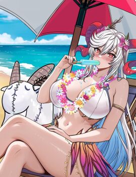 1girl armlet bare_shoulders beach beach_umbrella bikini blue_hair blush breasts chair cleavage collarbone colored_inner_hair commentary commission crossed_legs curled_horns deck_chair english_commentary fire_emblem fire_emblem_heroes flower flower_necklace folding_chair food freyja_(fire_emblem) freyja_(summer)_(fire_emblem) goat_horns highres holding holding_food holding_popsicle horn_ornament horns huge_breasts inflatable_toy jewelry large_horns long_hair looking_at_viewer multicolored_hair navel necklace nintendo ocean official_alternate_costume outdoors popsicle red_eyes red_horns rein_creamsoda second-party_source sitting swimsuit thighs two-tone_hair umbrella very_long_hair white_bikini white_hair