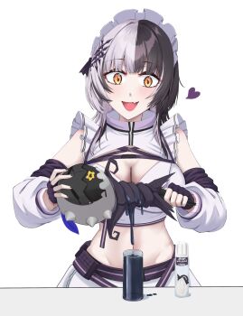 1girl :d absurdres alternate_costume bare_shoulders black_hair breasts cleavage cleavage_cutout clothing_cutout commentary_request detached_sleeves dress fang fingerless_gloves frills gloves hair_ornament heart highres holding hololive hololive_english large_breasts light_blush looking_at_viewer maid maid_headdress midriff mmneko multicolored_hair navel novelites_(shiori_novella) open_mouth puffy_sleeves shiori_novella skin_fang smile squeezing table transparent_background two-tone_hair virtual_youtuber white_dress white_hair wide_hips yellow_eyes